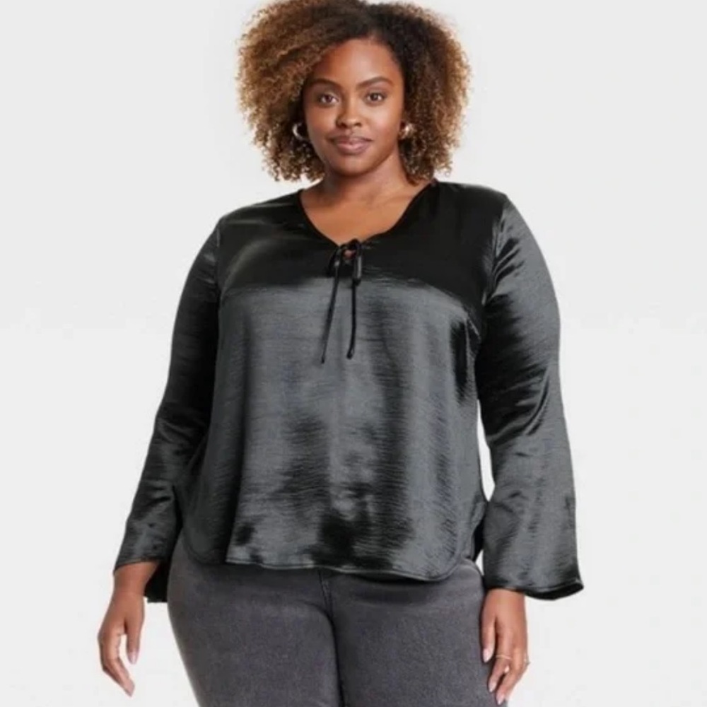 New-no tag. Women's Flared Long Sleeve Satin Blouse - Ava & Viv. Color - Black